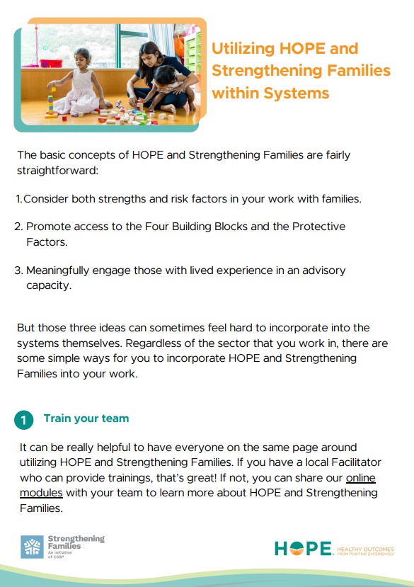 Screen shot of Utilizing HOPE and Strengthening Families within systems.